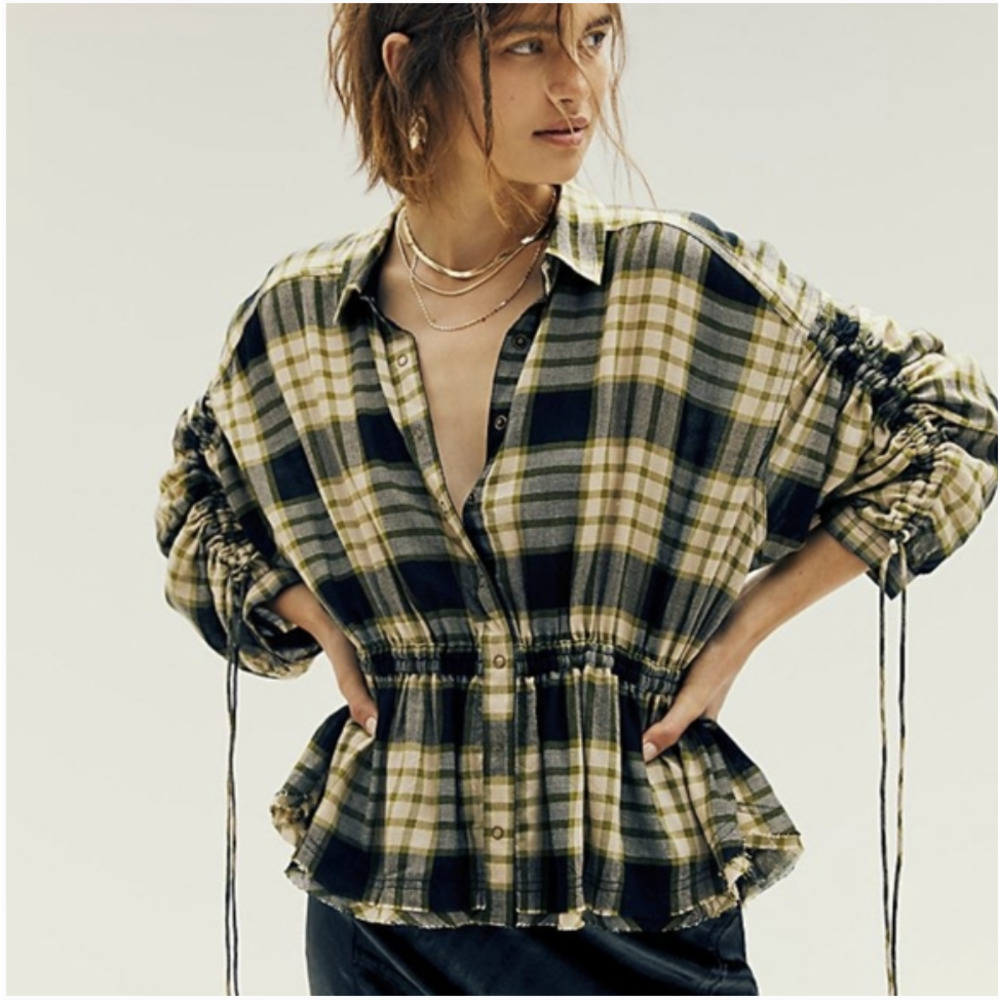 NWT Free People Green Wool Blend Pacific Dawn Plaid Ruched Peplum Raw Hem Blouse